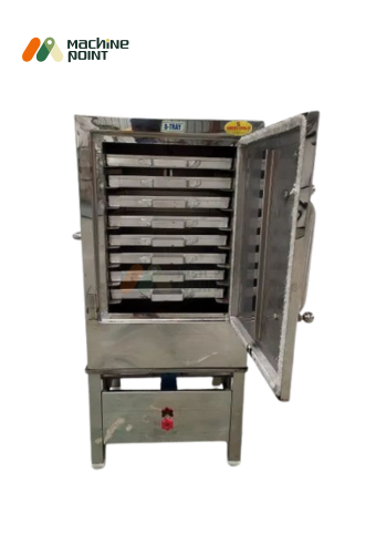 Open view of 8 Tray Dhokla Machine showing stacked trays and insulated chamber – designed for high-capacity cooking.