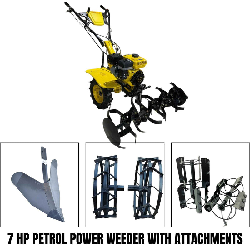 Power Weeder 7hp Petrol Engine With 3 Attachments Ridger, Iron Wheel & Cage Wheel