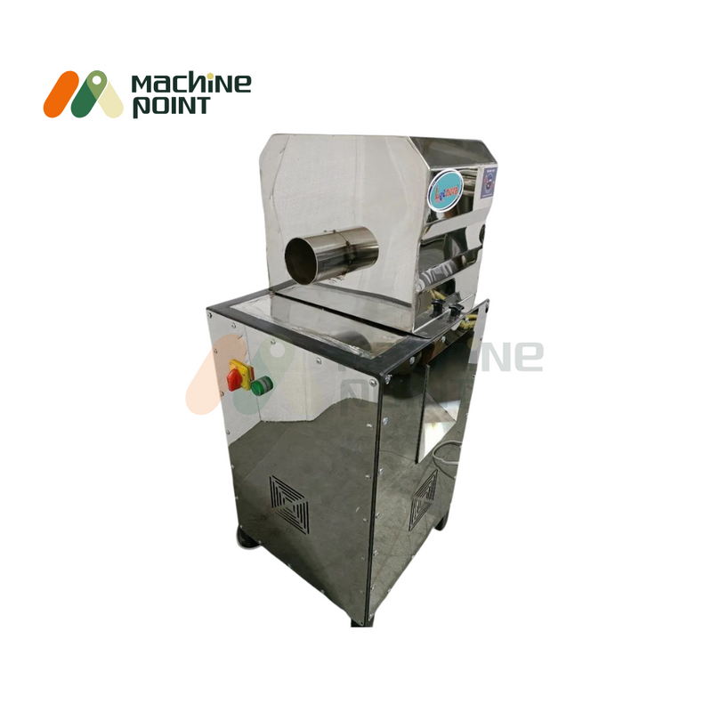 Sugarcane Cleaning Machine angled side view – compact, durable build with an easy-access outlet pipe and safety buttons.