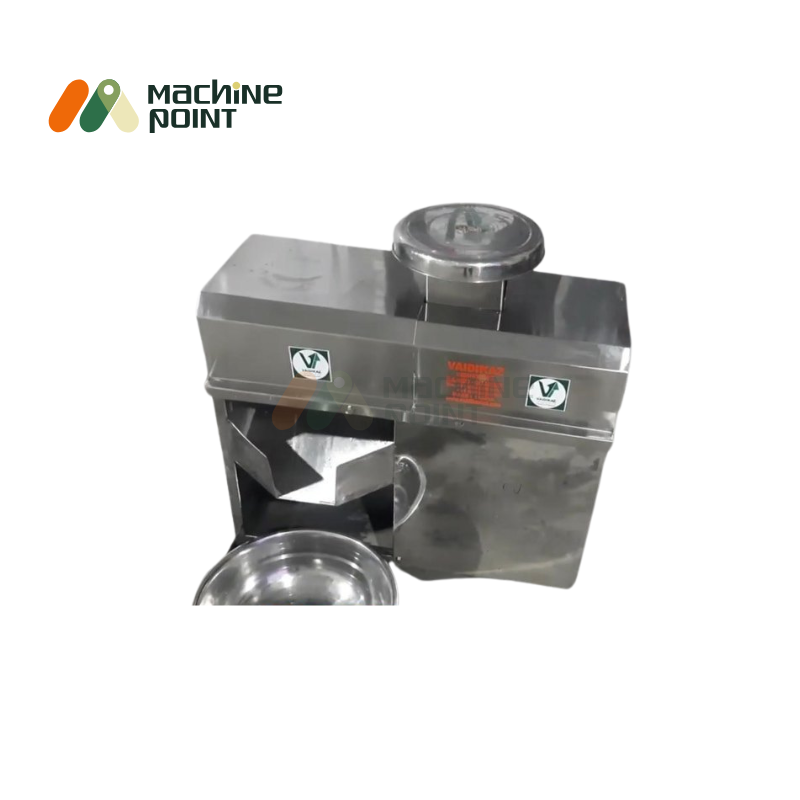 Stainless steel Mango Pulp Machine Small model with outlet and collection bowl for pulp extraction.

