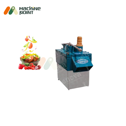 Vegetable Cutting Machine Deluxe – Side view with vegetables illustration, featuring stainless steel body and manual lever.