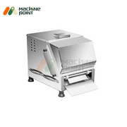 Stainless steel roti pressing machine with compact design, ergonomic handles, and output tray, suitable for commercial kitchens and food outlets.

