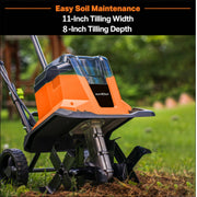 Battery-operated garden tiller with 11-inch width and 4 blades for soil loosening
