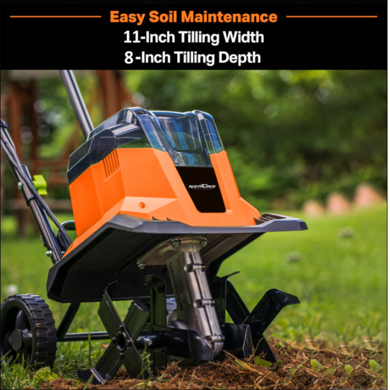 Battery-operated garden tiller with 11-inch width and 4 blades for soil loosening