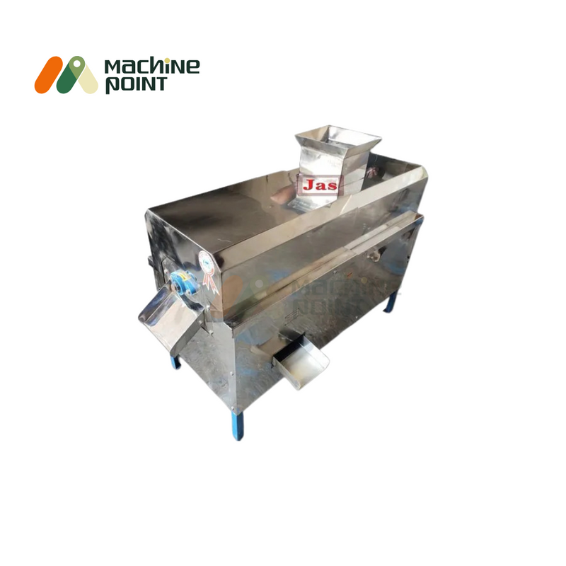 Commercial mango processing with pulp machine showing input and output stages.