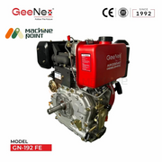 2. Angled side view of GeeNex GN-192 FE air-cooled diesel engine featuring a red fuel tank and visible shaft output.