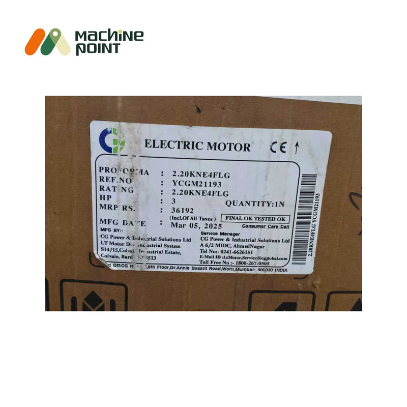 Side view of Crompton Greaves 3 HP 1440 RPM flange mounted motor for industrial use