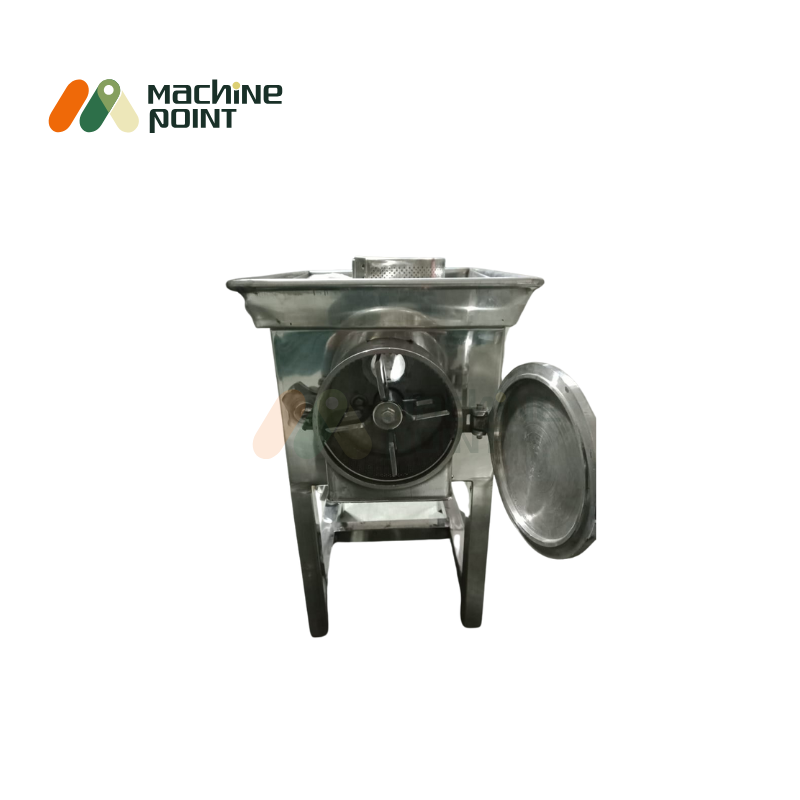 Front view of Gravy Machine 1 HP with open grinding chamber and stainless steel body.