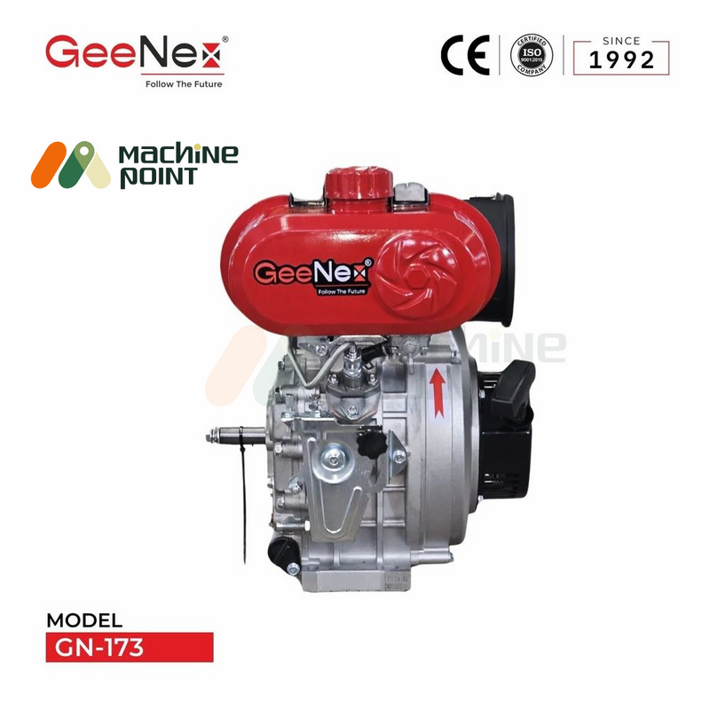 Front view of GeeNex GN-173 diesel engine showing the red fuel tank with branding, metal engine body, and crankshaft output, designed for reliable use in agricultural and industrial applications.
