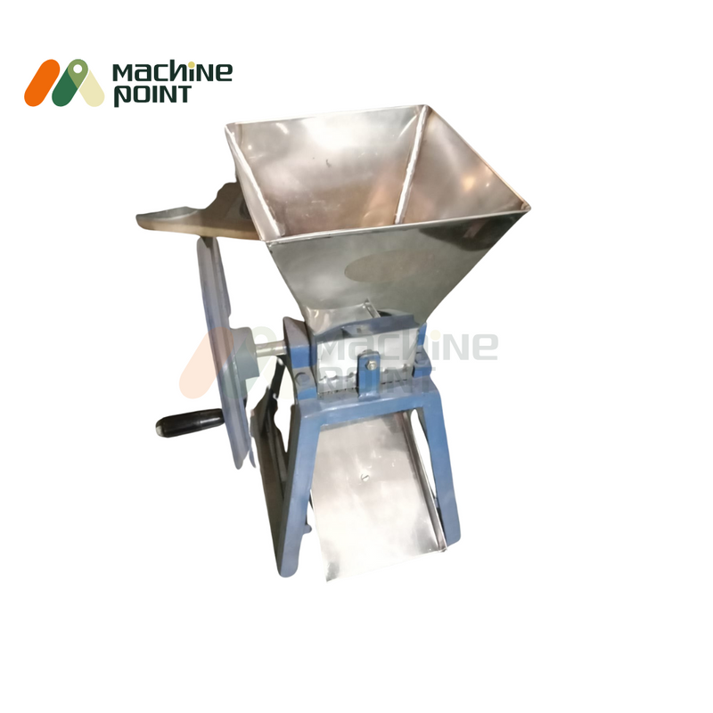 Angled top view of the Hand Chilly Cutter with a large stainless steel hopper and blue manual rotating handle.