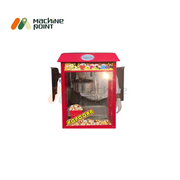 Front view of the Electric Popcorn Machine with a vibrant red casing, transparent glass panel, and fresh popcorn displayed inside.