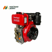 Side-angled view of GeeNex GN-178 FE diesel engine showing recoil starter, air filter, and red fuel tank.