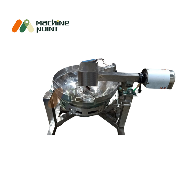 3-feet halwa making machine with stainless steel body, side motor drive, and circular cooking bowl for semi-automatic mixing.
