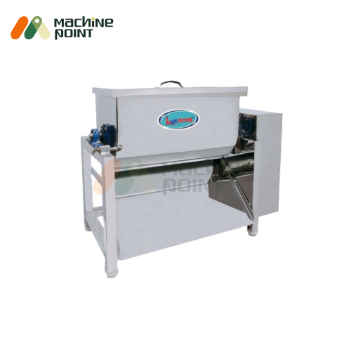 Front-side view of Namkeen Mixer Machine 1.5 Feet with branded stainless steel body and discharge outlet.
