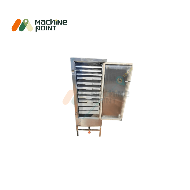 Open door view of 12 Tray Dhokla Machine showcasing internal tray arrangement for high-volume food preparation.
