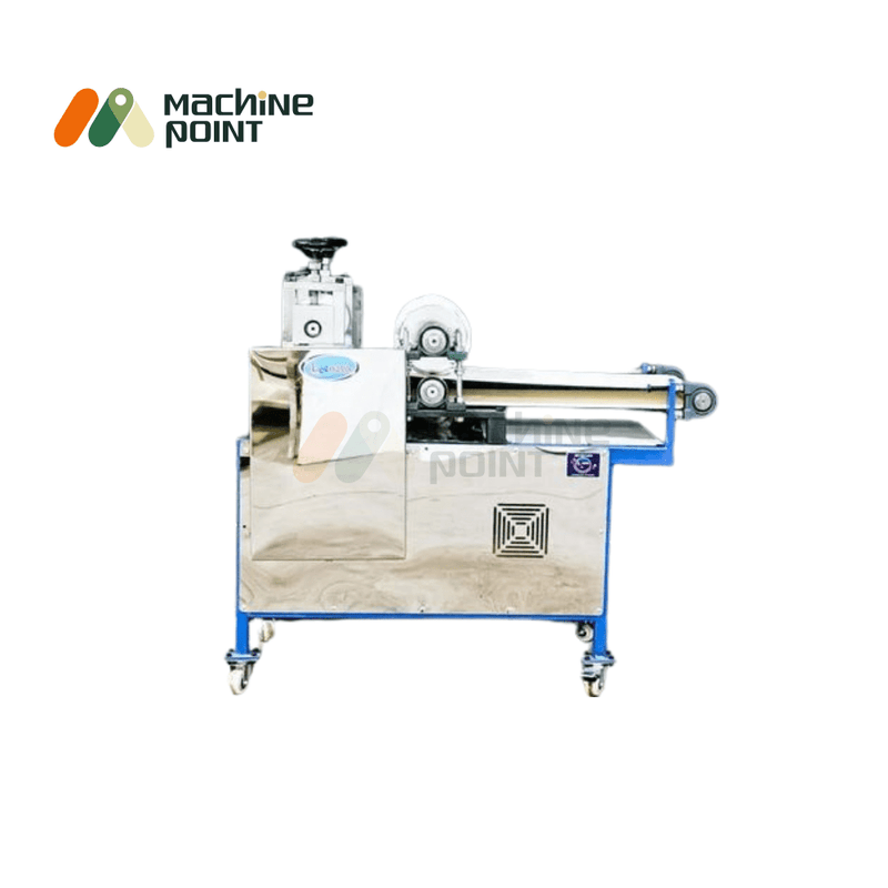 Commercial Panipuri machine with dual stainless steel rollers, belt feeding system, and control knobs, mounted on caster wheels.