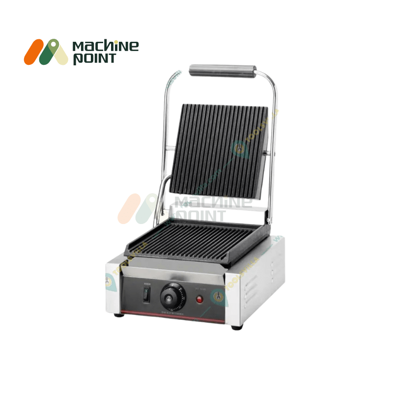 Open View of Commercial Sandwich Griller with Stainless Steel Body and Dual Dials.
