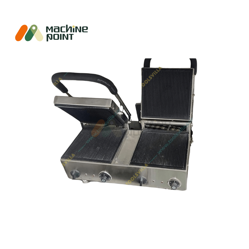 Double Plate Sandwich Griller with Dual Ribbed Press and Temperature Knobs.
