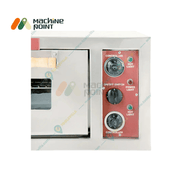 Close-up view of the red control panel on the 24x24 Pizza Oven showing temperature dials, power and hot light indicators.
