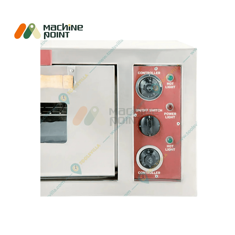 Close-up view of the red control panel on the 24x24 Pizza Oven showing temperature dials, power and hot light indicators.
