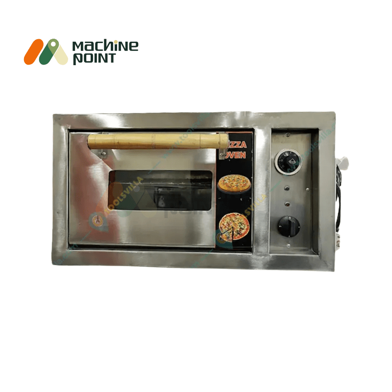 10x16 electric pizza oven with compact stainless steel design and colorful pizza graphic branding.