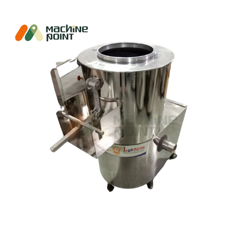 Stainless steel commercial potato peeler with waste outlet and compact body for food processing use.