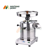 Angled side view of Popular round flour mill with compact tabletop design and brushed steel finish.