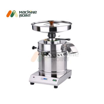 Angled side view of Popular round flour mill with compact tabletop design and brushed steel finish.