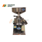 Front view of table top flour mill showing branded label, stainless steel construction, and flour outlet for domestic use.