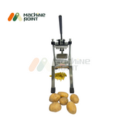 French Fries Cutter – Heavy-duty chip cutting machine with plastic body, shown with potatoes and cut finger chips for demonstration.