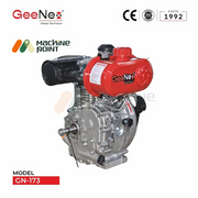 4. Angled view of GeeNex GN-168 WF diesel engine highlighting the engine shaft, robust construction, and multi-purpose application, with visible CE and ISO certifications.