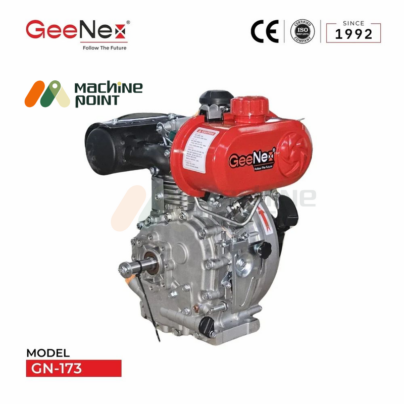 4. Angled view of GeeNex GN-168 WF diesel engine highlighting the engine shaft, robust construction, and multi-purpose application, with visible CE and ISO certifications.
