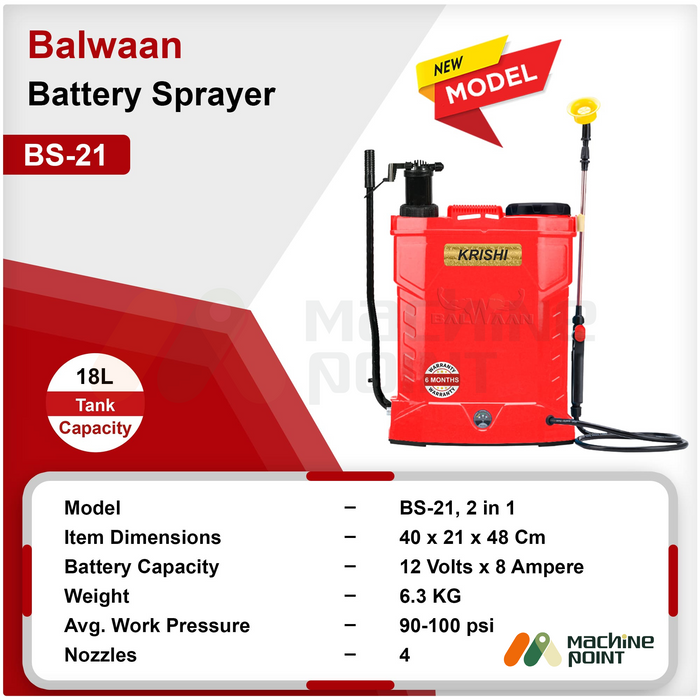 Balwaan Battery Sprayer BS-21 with 18-liter tank capacity, 12V 8Ah battery, 6.3 kg weight, 90-100 psi pressure, and 4 nozzles – shown with product dimensions and new model label.