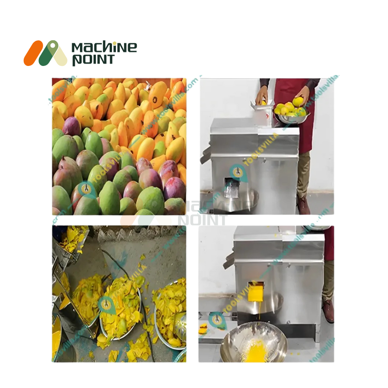 Stainless steel big mango pulper machine with wide hopper and dual output for pulp and waste separation.