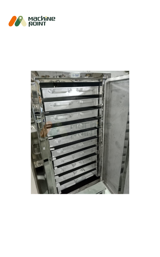 Open door view of Dhokla Steamer showing 10 stainless steel trays for high-volume batch steaming.