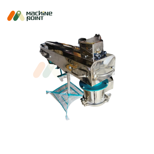 Top-front view of Farsan Machine 9'' highlighting feed hopper and round cutting drum mounted on a stable mesh base stand.
