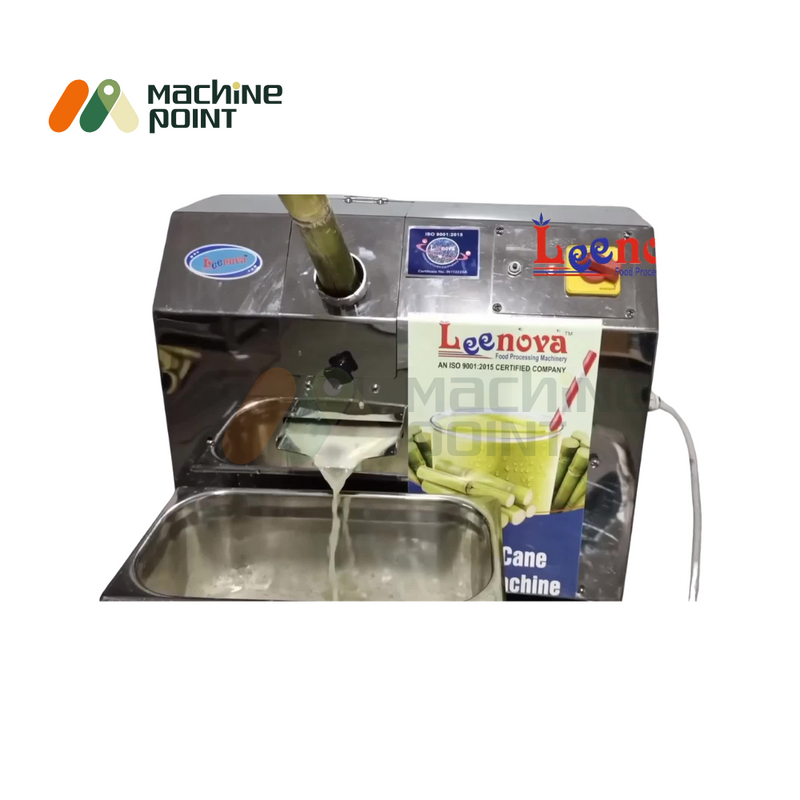 Sugarcane Juice Machine COMPAQ in action – sugarcane being inserted and fresh juice flowing into a container, perfect for compact juice stalls.