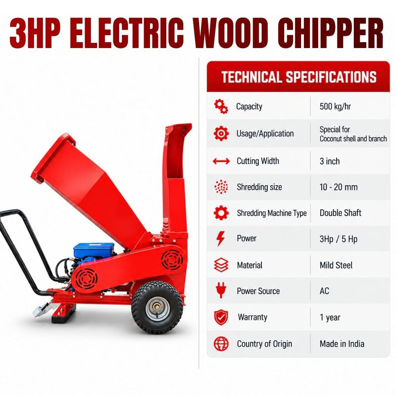 3 HP double shaft wood chipper machine for branches and garden waste
