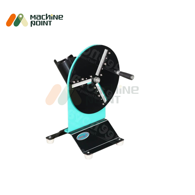 Angled view of the Hand Salad Cutter Machine showing the rotating blade disc and ergonomic handle for easy manual operation.
