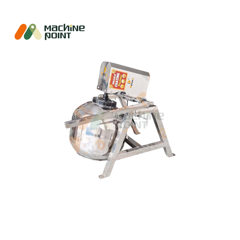Compact 1HP masala coating machine displayed in tilted position for efficient mixing and discharge.