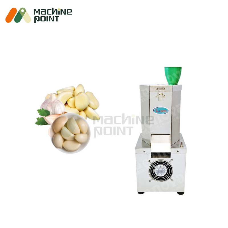 Garlic Peeler Machine - Industrial Garlic Peeler with Green Hopper, Fresh Garlic Displayed in Bowl.