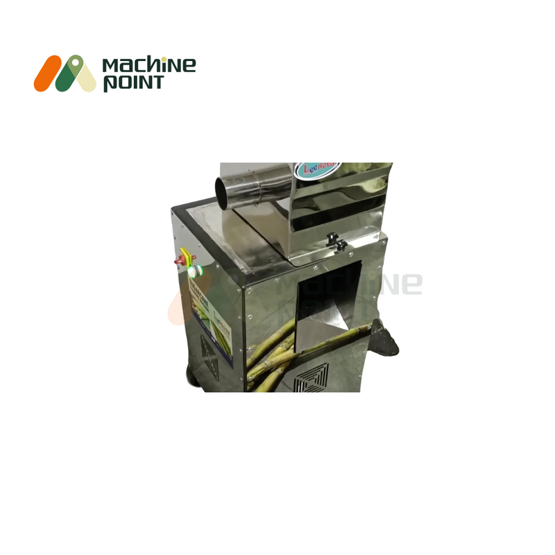 Sugarcane Cleaning Machine with sugarcane sticks – highlighting machine’s industrial-grade finish and high-performance input/output chute.