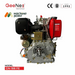 Side view of GeeNex GN-188 FE air-cooled diesel engine displaying the shaft output, red fuel tank, and starter motor wiring.