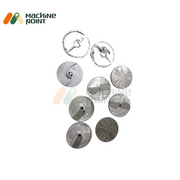 Set of interchangeable stainless steel cutting blades for Vegetable Cutting Machine, designed for slicing, shredding, and dicing various vegetables.