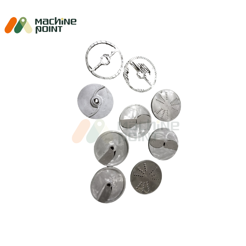 Set of interchangeable stainless steel cutting blades for Vegetable Cutting Machine, designed for slicing, shredding, and dicing various vegetables.