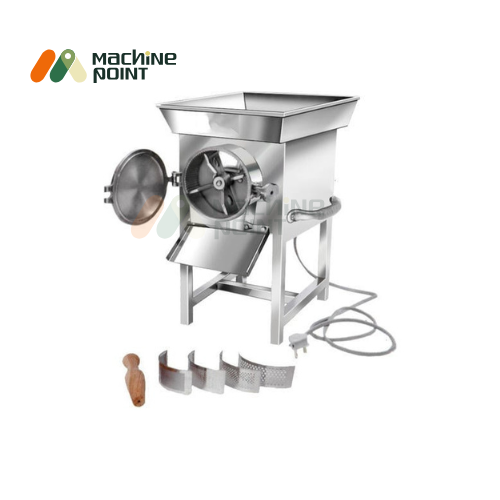 Industrial Gravy Machine 5 HP – Open Door View with Attachments
Powerful gravy grinder with multiple cutter plates and wooden plunger, ideal for mass food processing.
