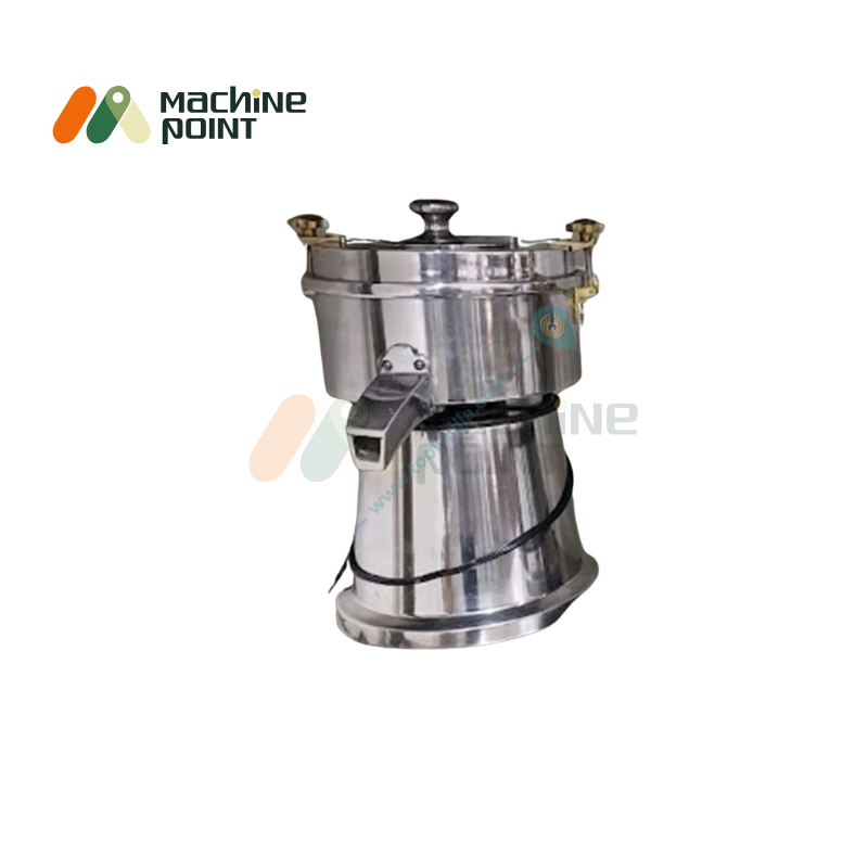 Side-angle view of Medium Juice Machine with ergonomic outlet and compact stainless steel build.