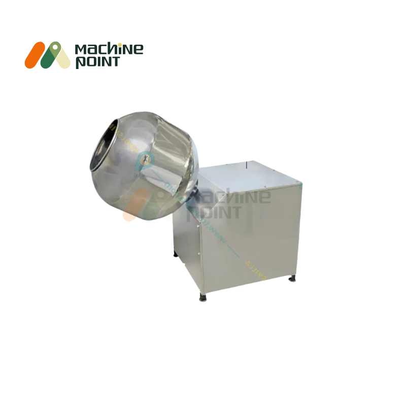 1HP coating and flavouring pan machine with tilted drum, ideal for seasoning snacks and namkeen.