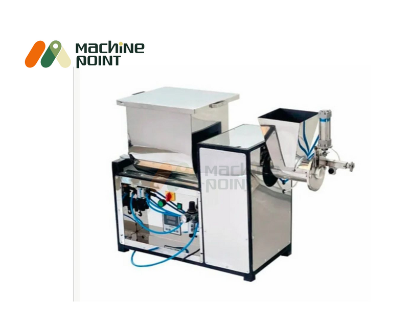 Angled view of Flour Kneading and Dough Ball Making Machine with visible control panel, air pipes, and polished stainless steel body.