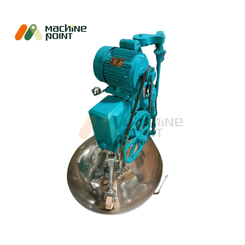 Kaju Musti Machine – top-angle view showing a robust motor, gear system, and stainless steel vessel for mixing and grinding cashew sweets.